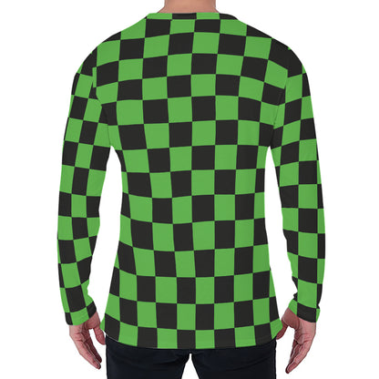 Black And Green Checkered Print Men's Long Sleeve T-Shirt