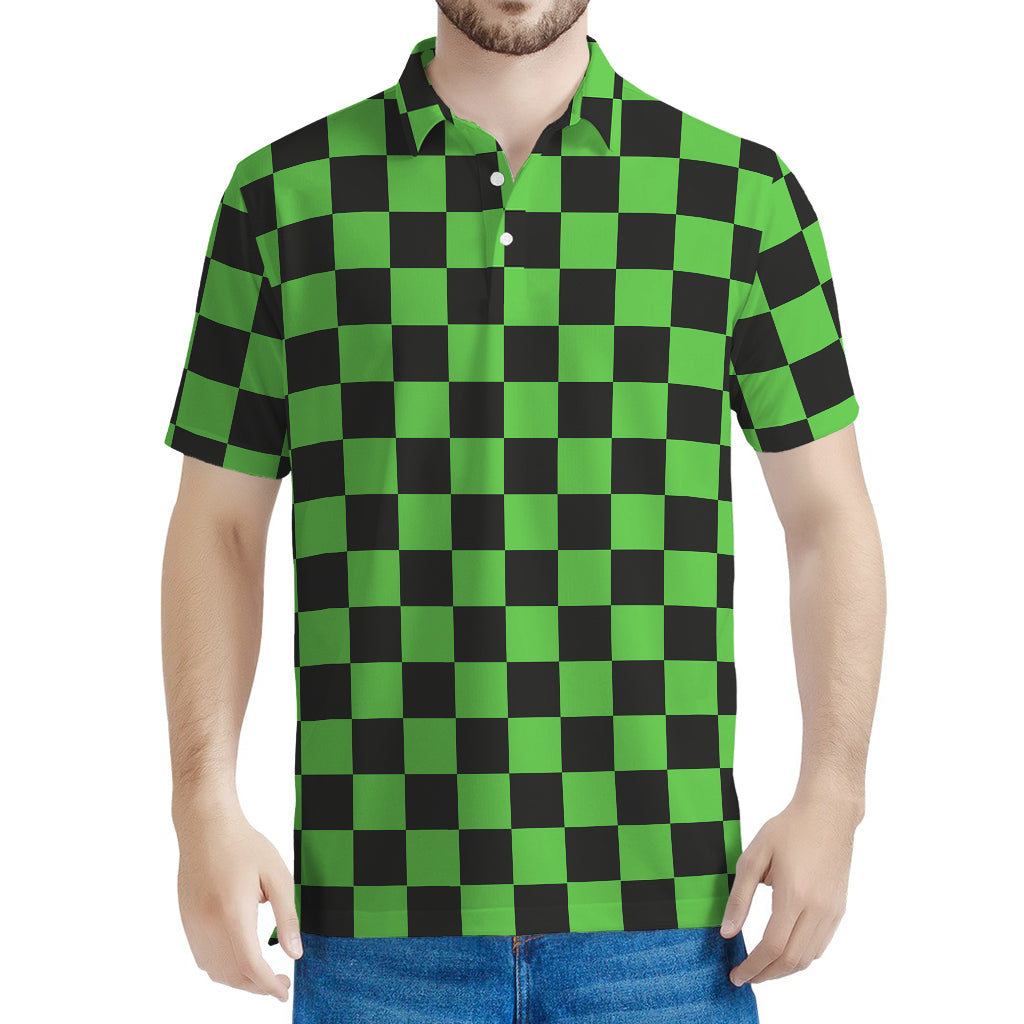 Black And Green Checkered Print Men's Polo Shirt