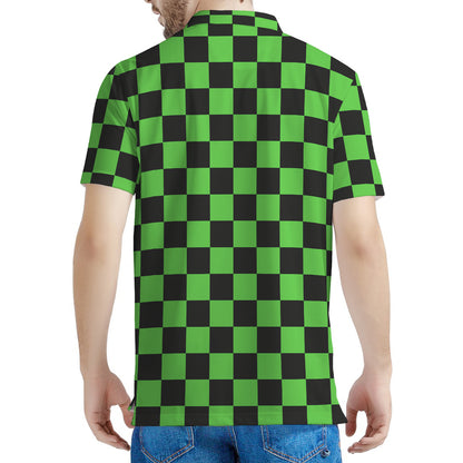 Black And Green Checkered Print Men's Polo Shirt