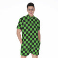 Black And Green Checkered Print Men's Romper