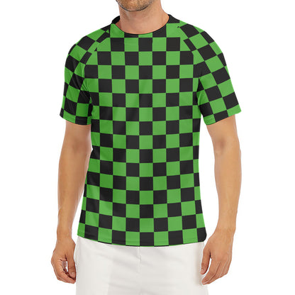 Black And Green Checkered Print Men's Short Sleeve Rash Guard