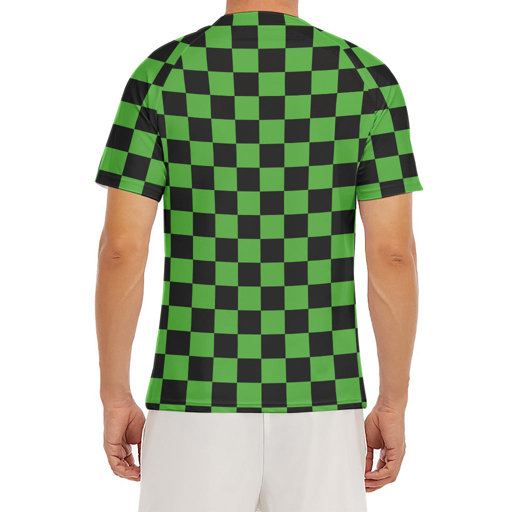 Black And Green Checkered Print Men's Short Sleeve Rash Guard