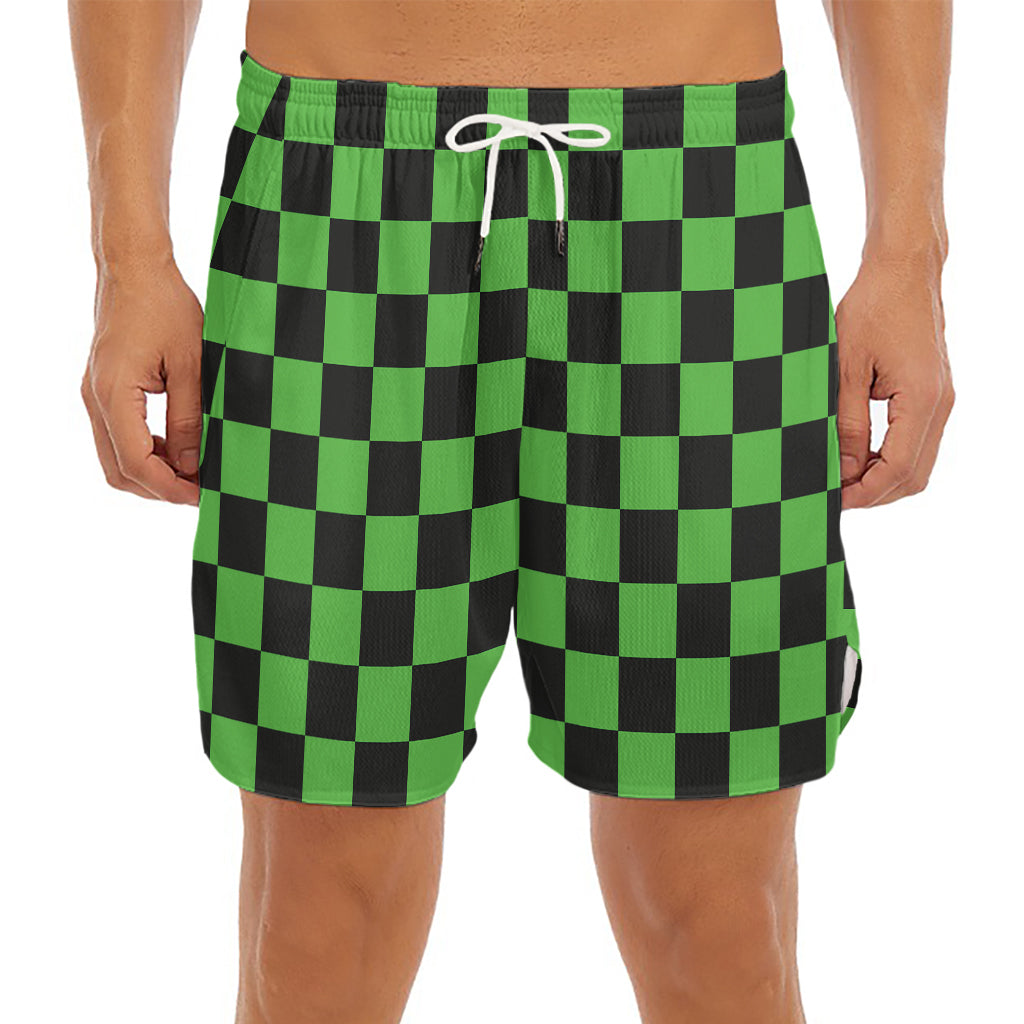 Black And Green Checkered Print Men's Split Running Shorts