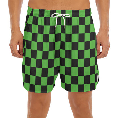 Black And Green Checkered Print Men's Split Running Shorts