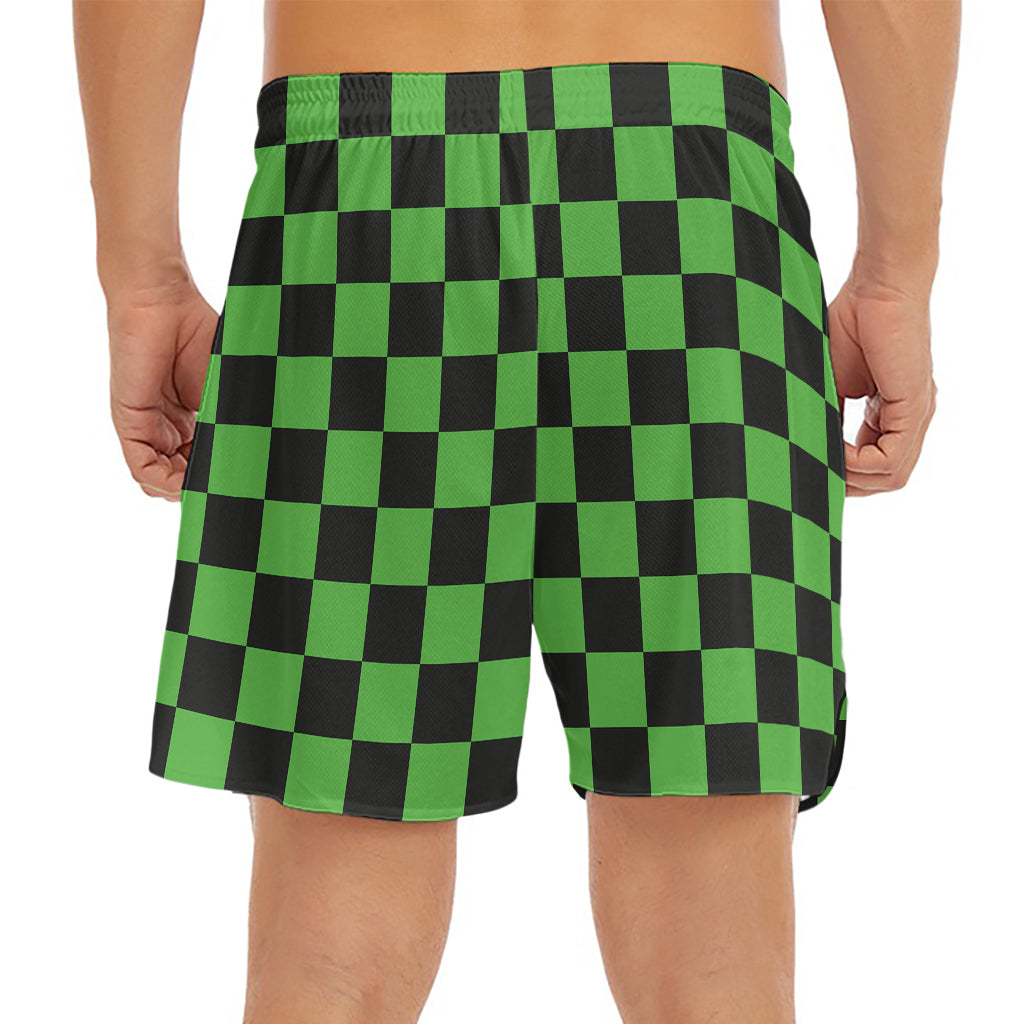 Black And Green Checkered Print Men's Split Running Shorts