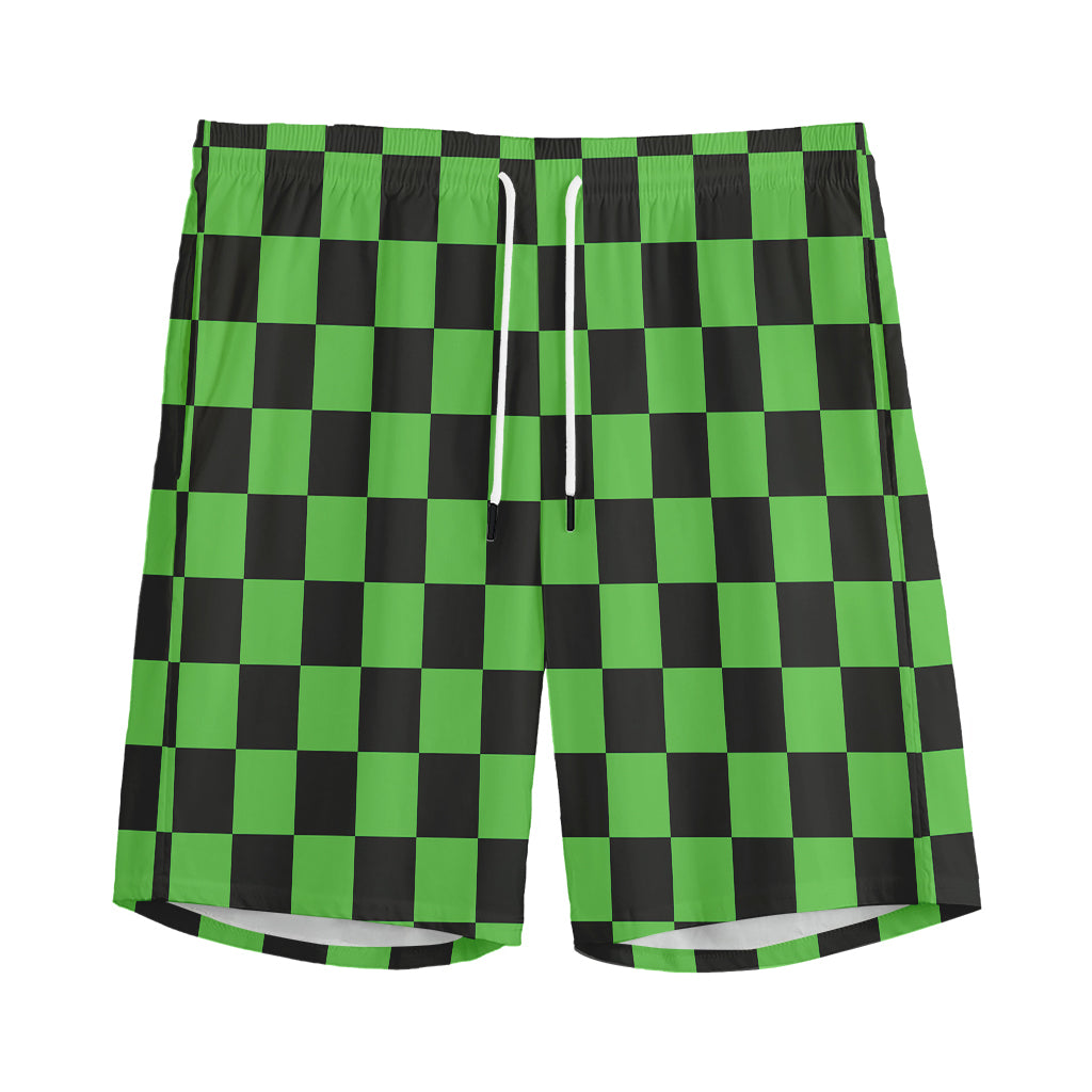 Black And Green Checkered Print Men's Sports Shorts