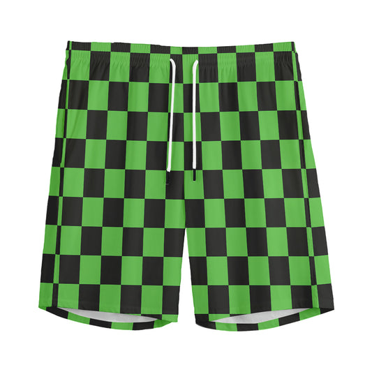 Black And Green Checkered Print Men's Sports Shorts