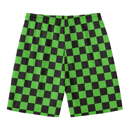 Black And Green Checkered Print Men's Swim Trunks