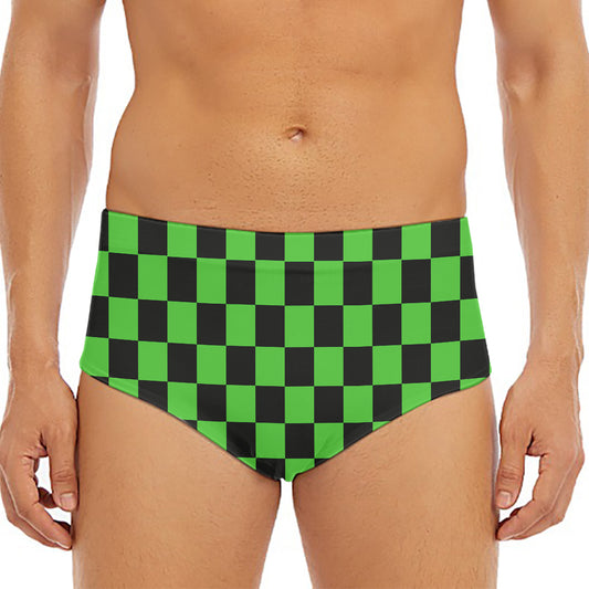 Black And Green Checkered Print Men's Triangle Swim Briefs