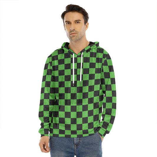Black And Green Checkered Print Men's Velvet Pullover Hoodie