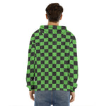 Black And Green Checkered Print Men's Velvet Pullover Hoodie