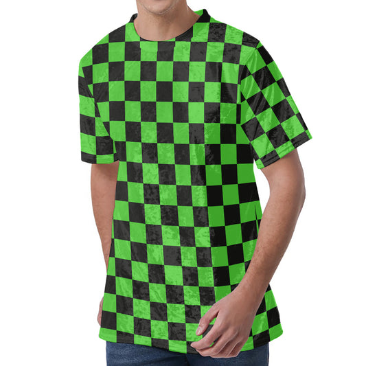 Black And Green Checkered Print Men's Velvet T-Shirt