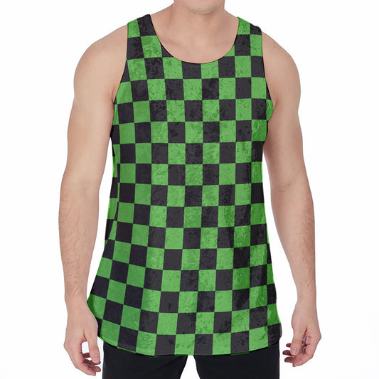 Black And Green Checkered Print Men's Velvet Tank Top