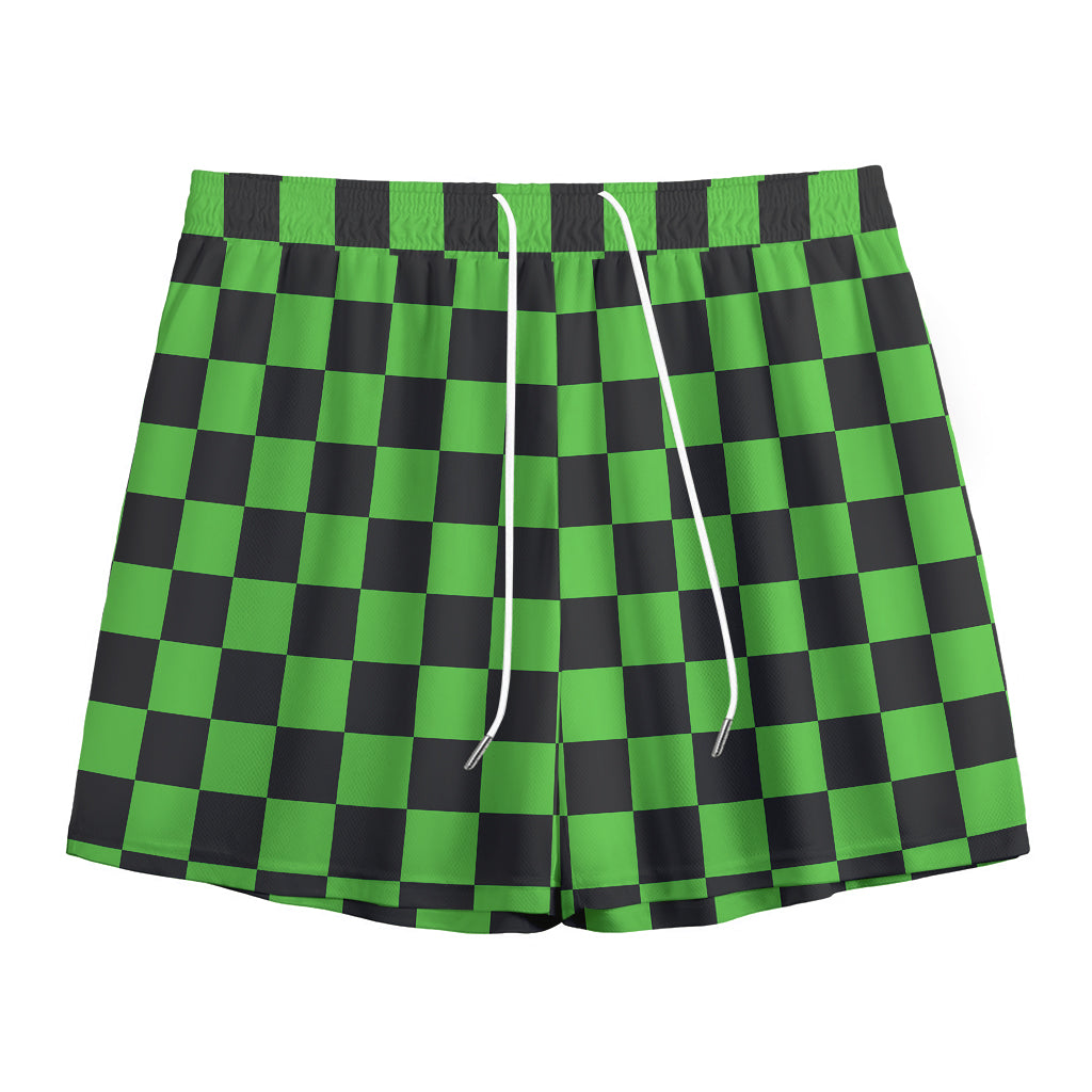 Black And Green Checkered Print Mesh Shorts