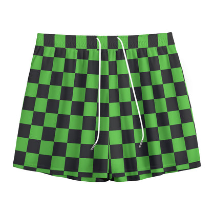 Black And Green Checkered Print Mesh Shorts