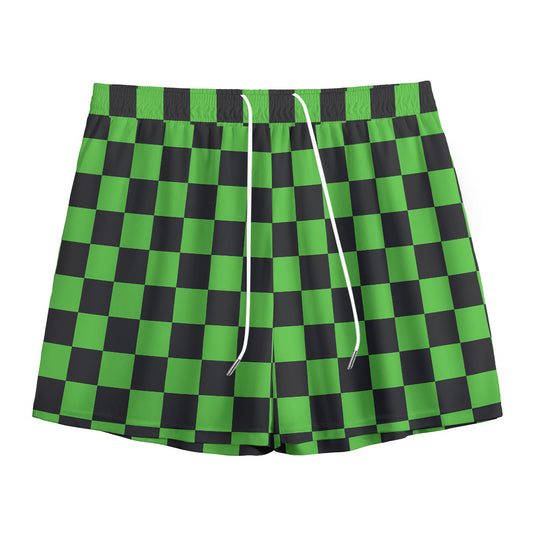 Black And Green Checkered Print Mesh Shorts