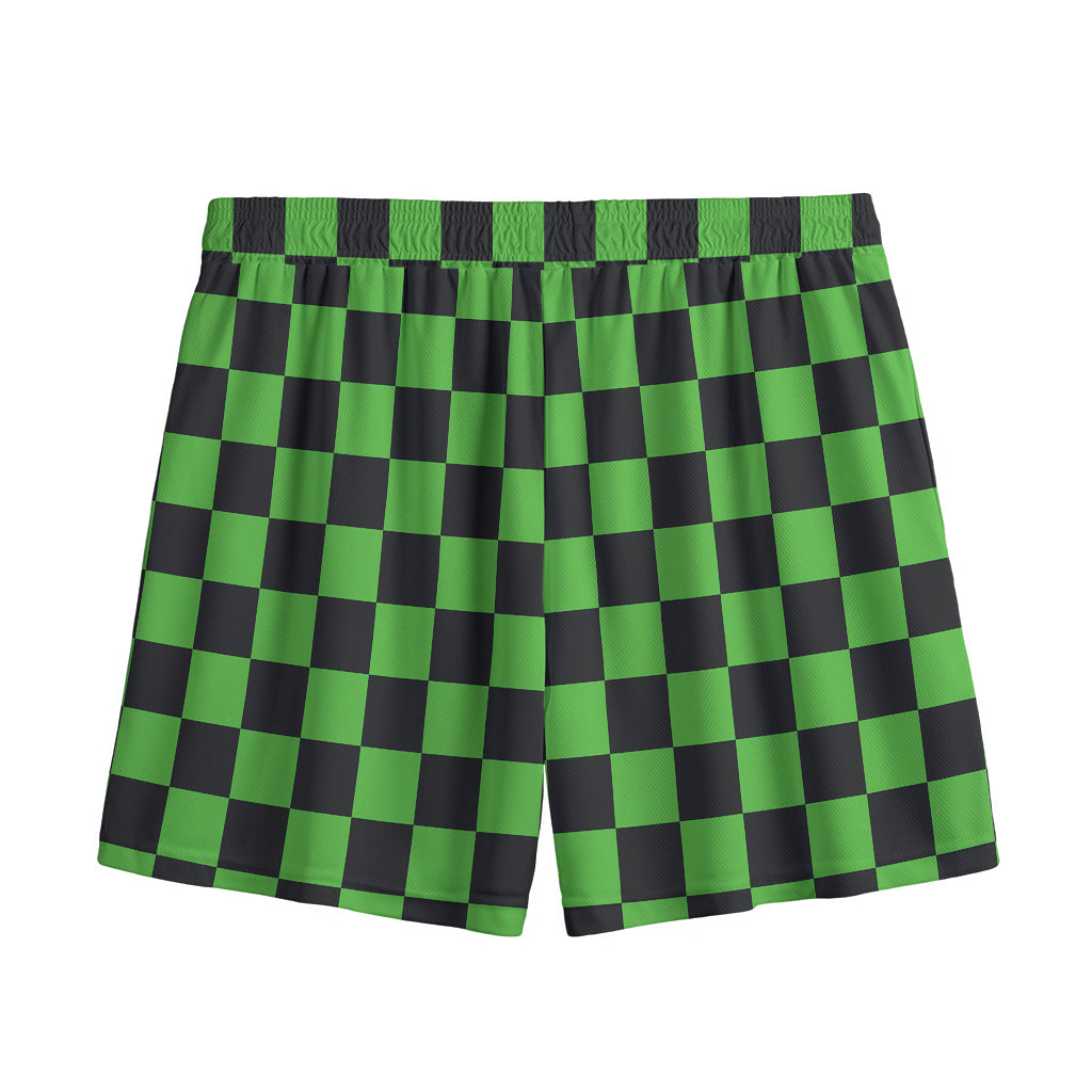 Black And Green Checkered Print Mesh Shorts