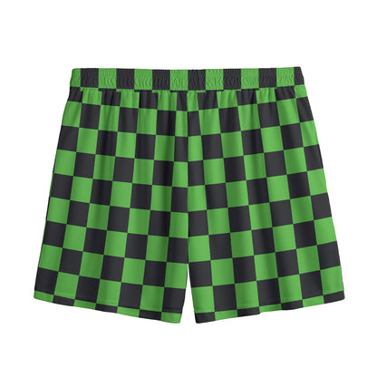 Black And Green Checkered Print Mesh Shorts