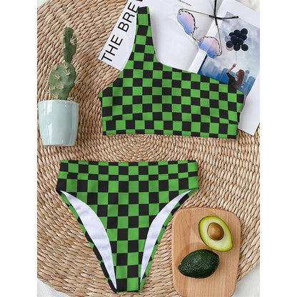 Black And Green Checkered Print One Shoulder Bikini Top