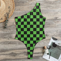 Black And Green Checkered Print One Shoulder Bodysuit