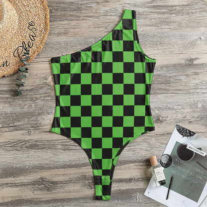 Black And Green Checkered Print One Shoulder Bodysuit