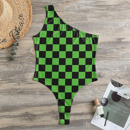 Black And Green Checkered Print One Shoulder Bodysuit