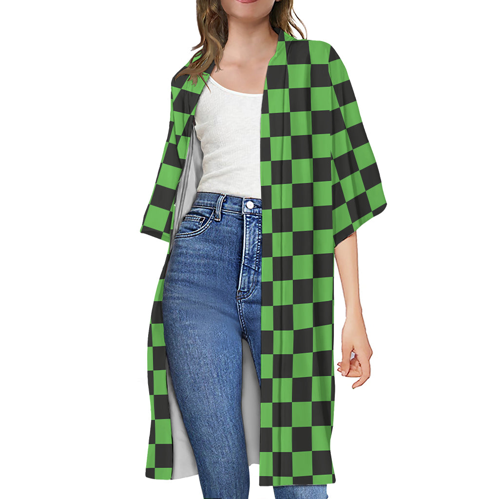 Black And Green Checkered Print Open Front Beach Cover Up