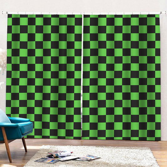 Black And Green Checkered Print Pencil Pleat Curtains