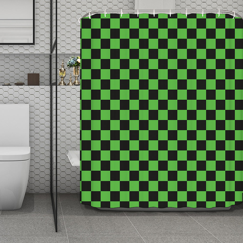 Black And Green Checkered Print Polyester Shower Curtain