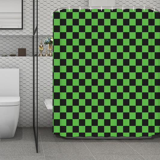 Black And Green Checkered Print Polyester Shower Curtain