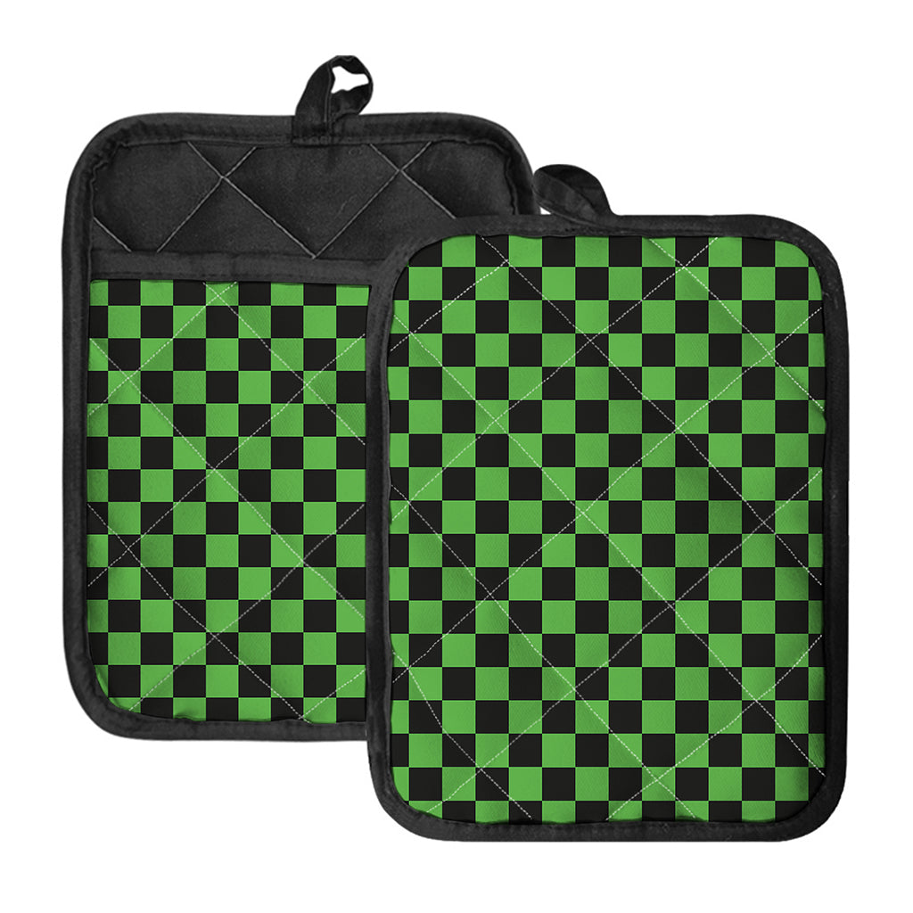 Black And Green Checkered Print Pot Holders With Pocket