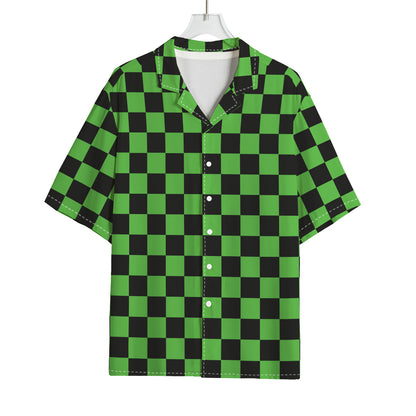 Black And Green Checkered Print Rayon Hawaiian Shirt