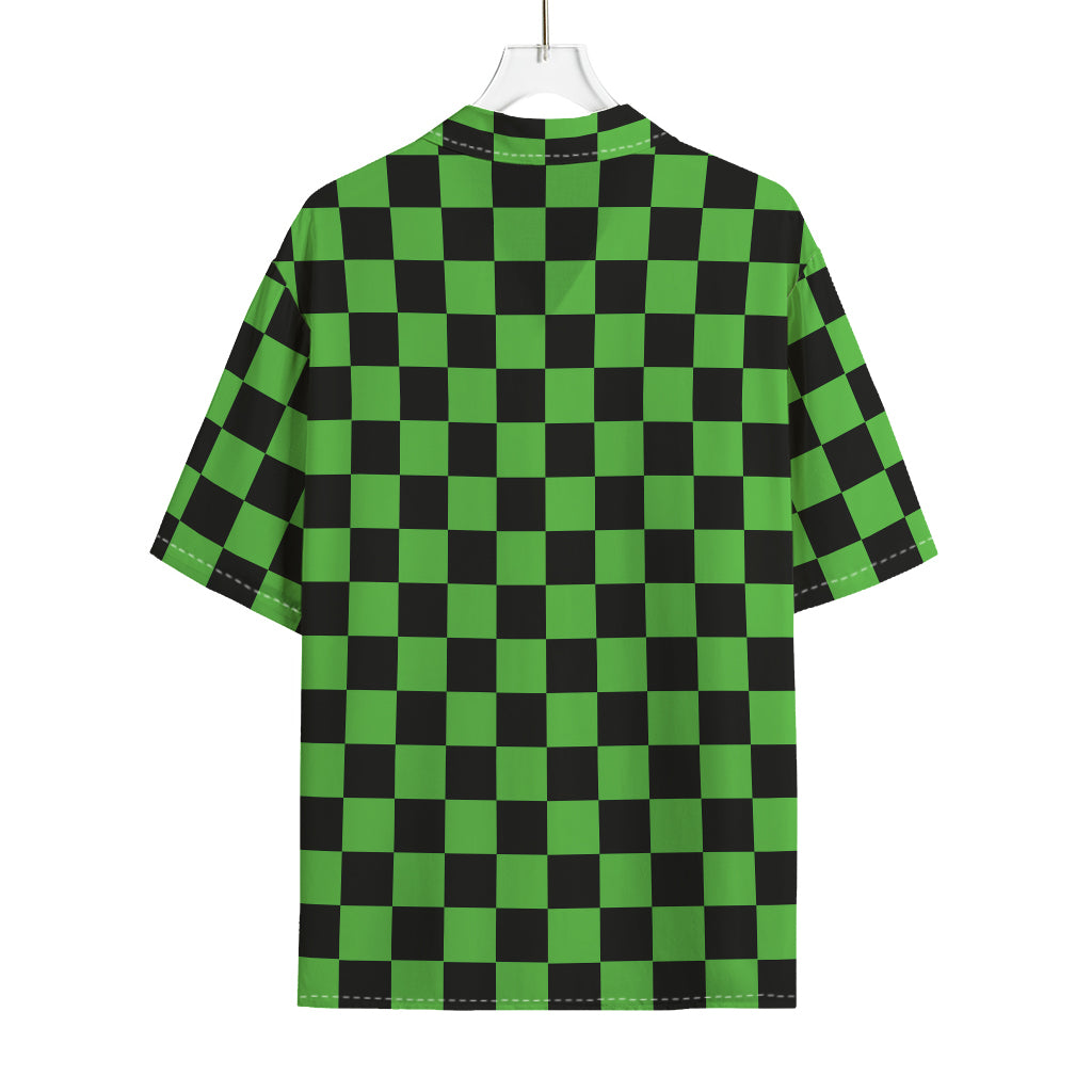 Black And Green Checkered Print Rayon Hawaiian Shirt