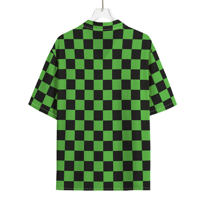 Black And Green Checkered Print Rayon Hawaiian Shirt