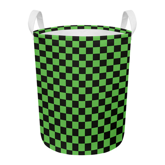 Black And Green Checkered Print Round Laundry Basket