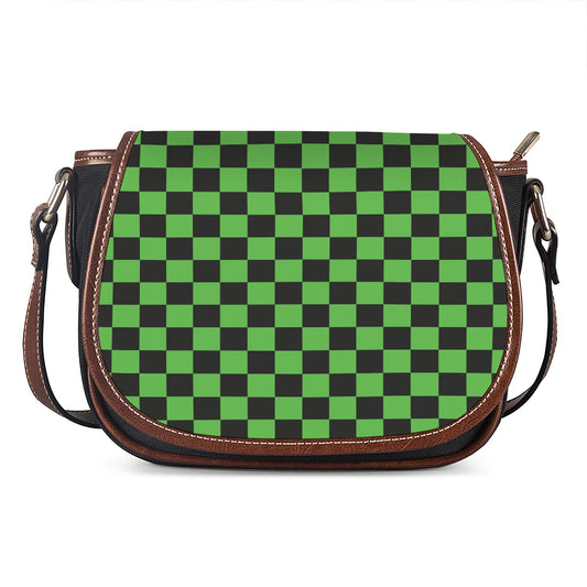 Black And Green Checkered Print Saddle Bag