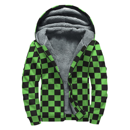 Black And Green Checkered Print Sherpa Lined Zip Up Hoodie