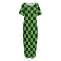 Black And Green Checkered Print Short Sleeve Long Nightdress