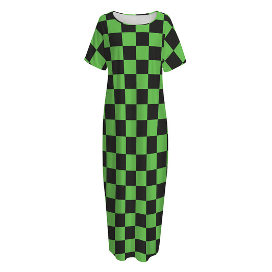 Black And Green Checkered Print Short Sleeve Long Nightdress