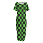 Black And Green Checkered Print Short Sleeve Long Nightdress