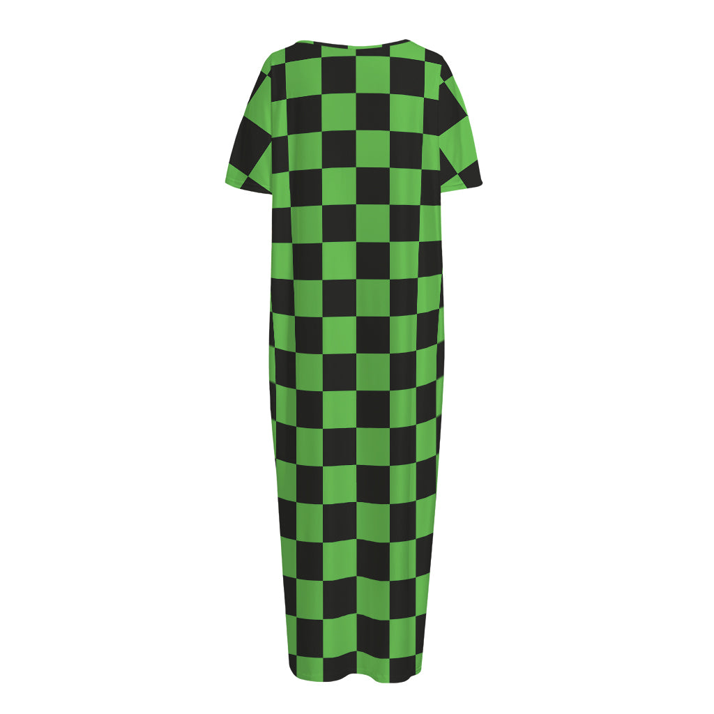Black And Green Checkered Print Short Sleeve Long Nightdress