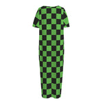 Black And Green Checkered Print Short Sleeve Long Nightdress