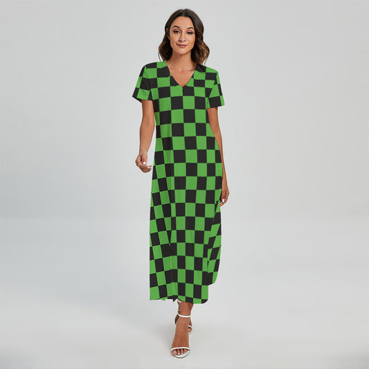 Black And Green Checkered Print Short Sleeve Maxi Dress