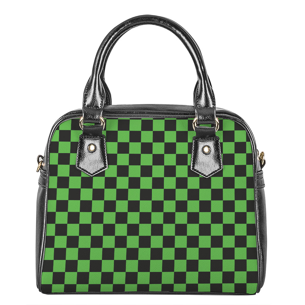 Black And Green Checkered Print Shoulder Handbag