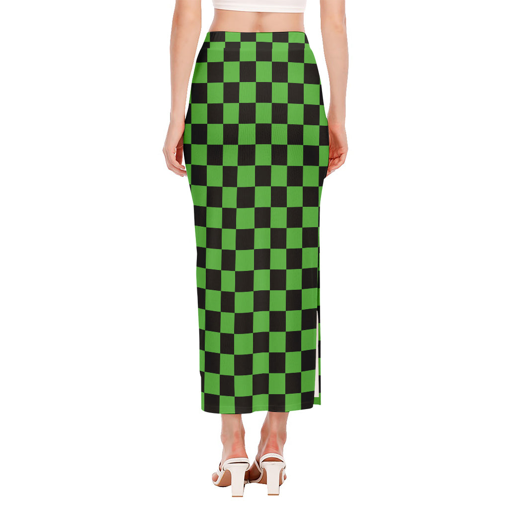 Black And Green Checkered Print Side Slit Maxi Skirt