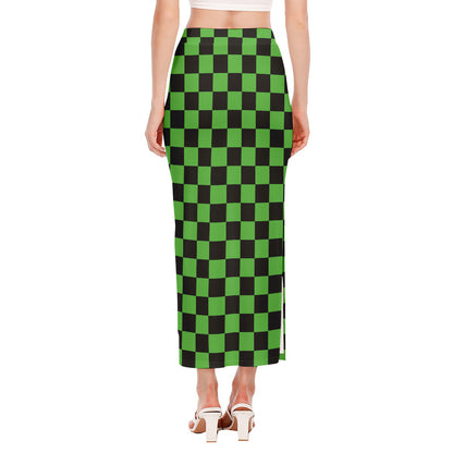Black And Green Checkered Print Side Slit Maxi Skirt