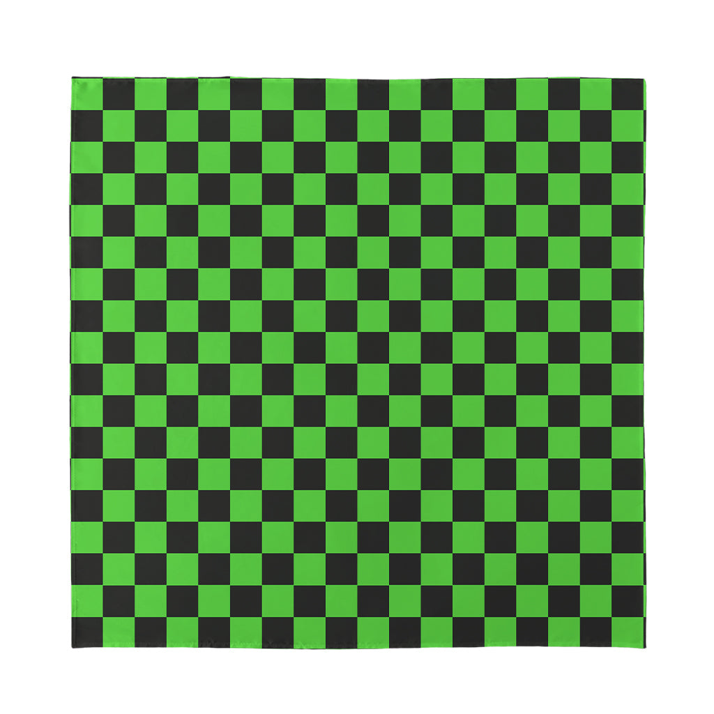 Black And Green Checkered Print Silk Bandana