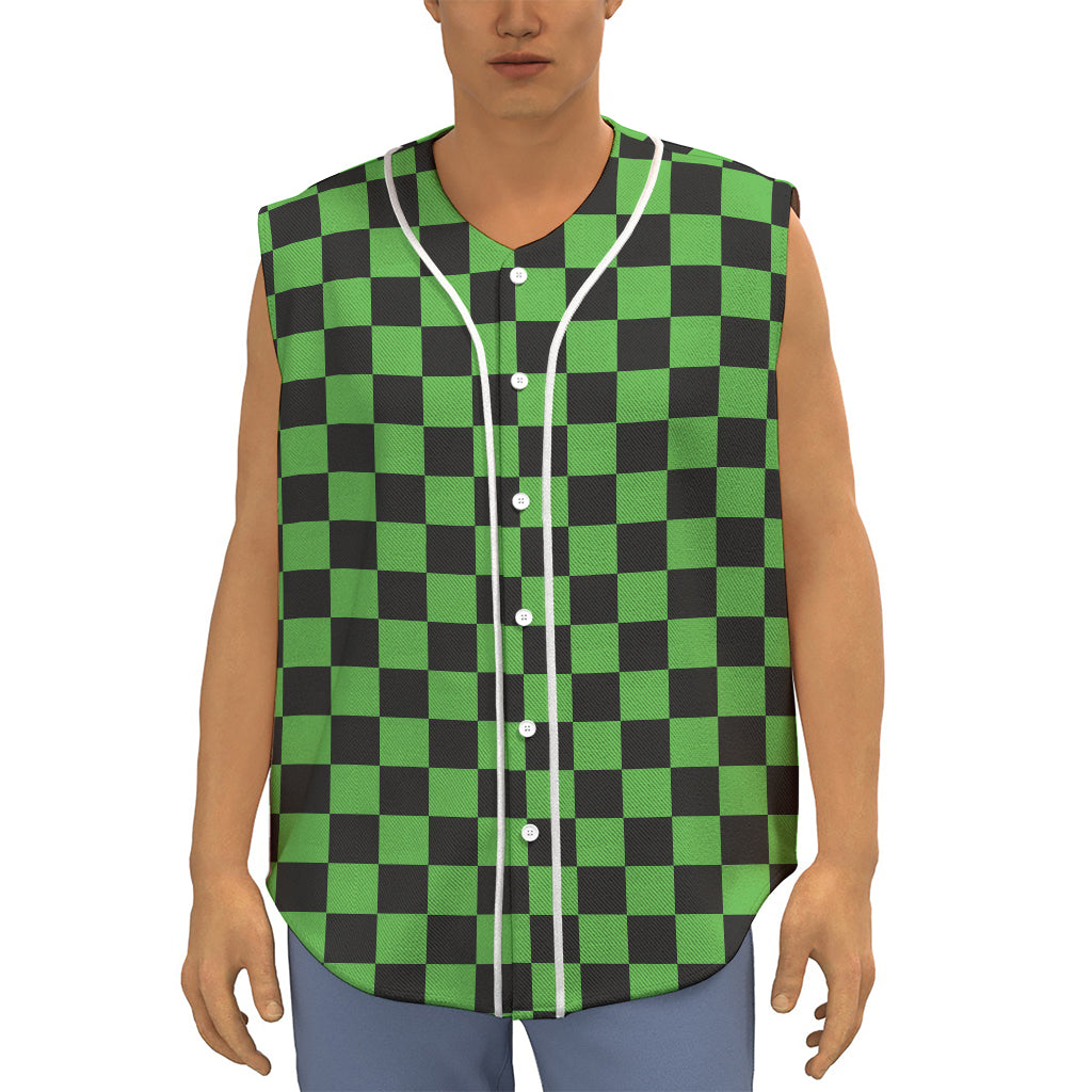 Black And Green Checkered Print Sleeveless Baseball Jersey