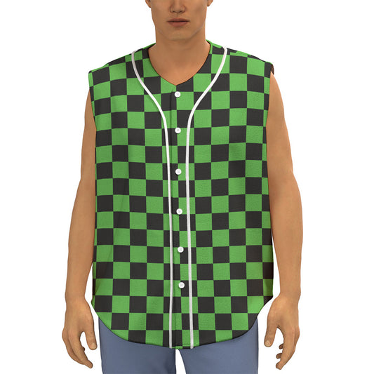 Black And Green Checkered Print Sleeveless Baseball Jersey