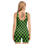 Black And Green Checkered Print Sleeveless One Piece Swimsuit